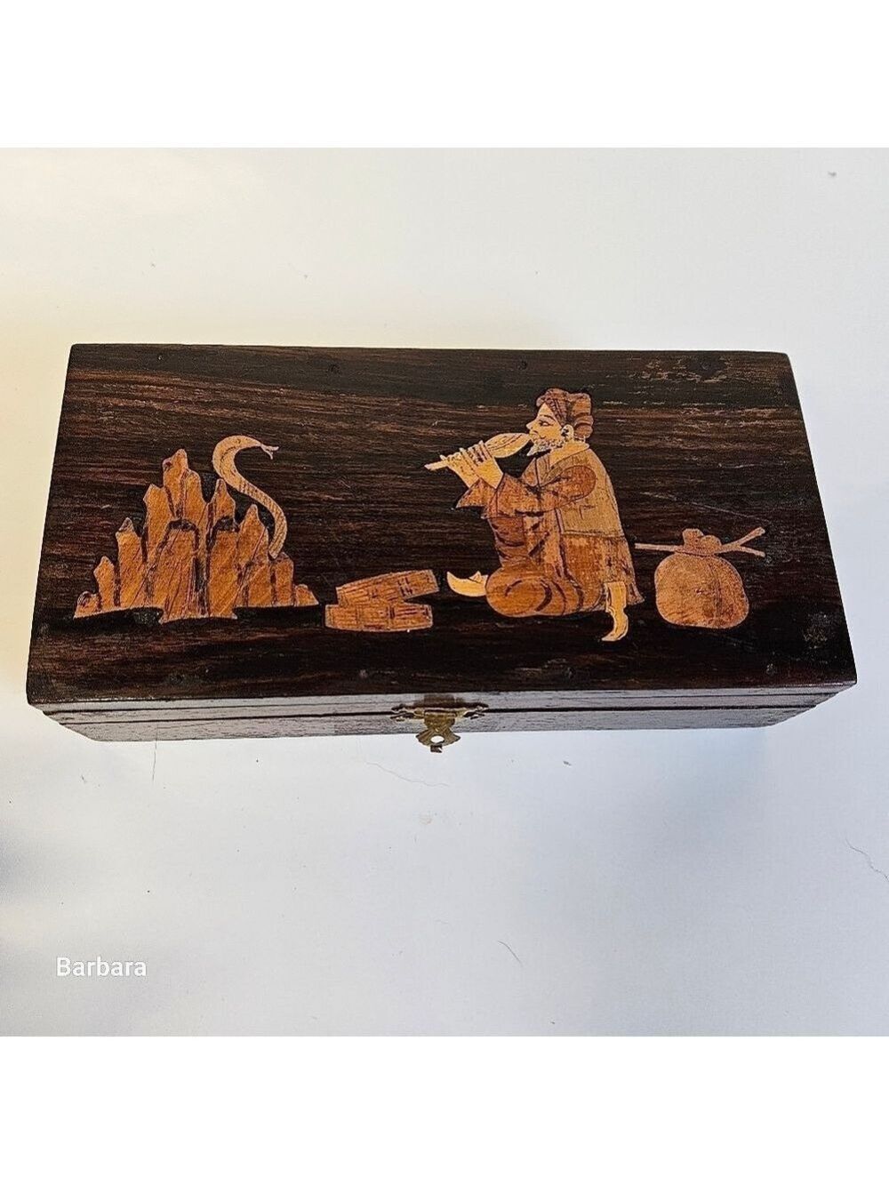 Vintage 2-Tone Wooden Inlay Swami Snake Charmer Wooden Trinket Box